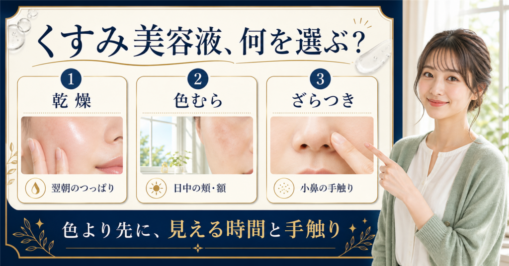 くすみ美容液を乾燥・色むら・ざらつきと朝夕の見え方で選ぶ図解