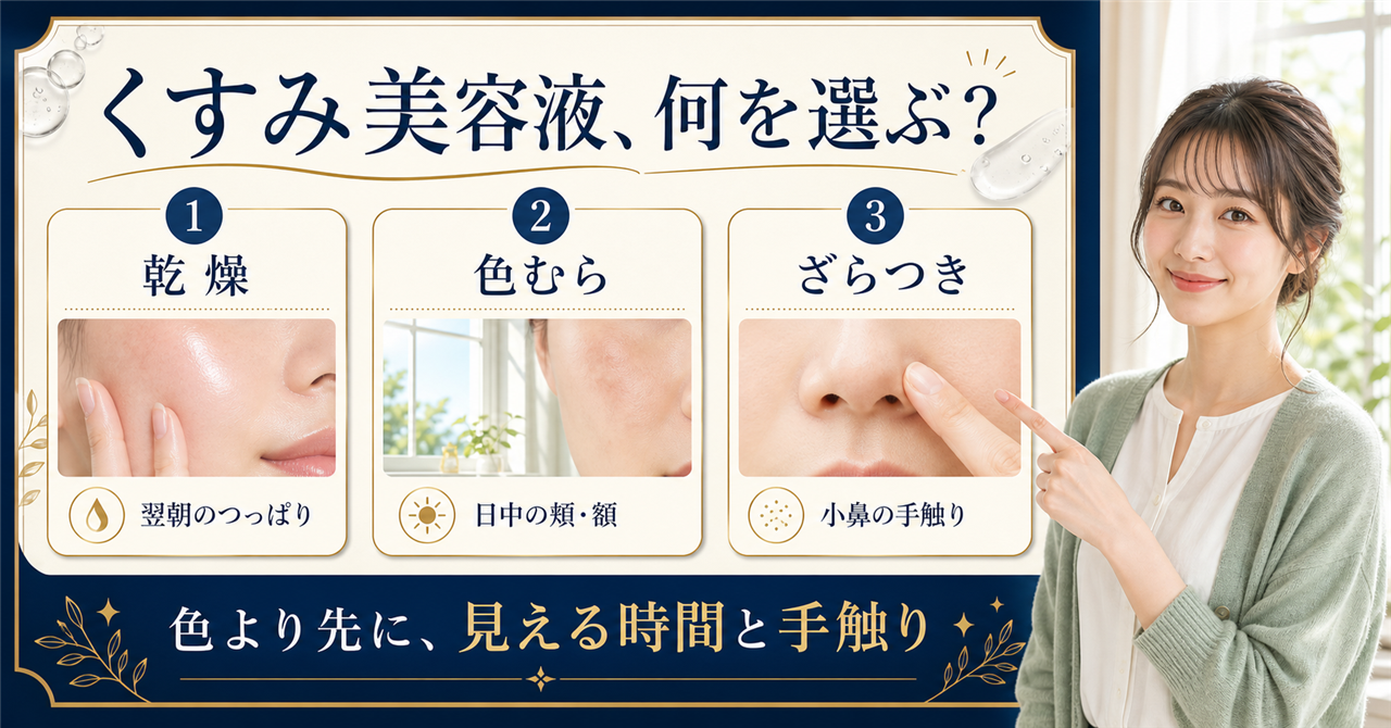 くすみ美容液を乾燥・色むら・ざらつきと朝夕の見え方で選ぶ図解
