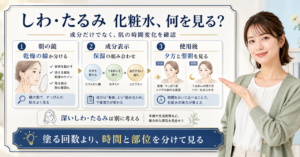 しわとたるみの見え方を乾燥、時間、表示、塗布後の残り方で判断する化粧水図解