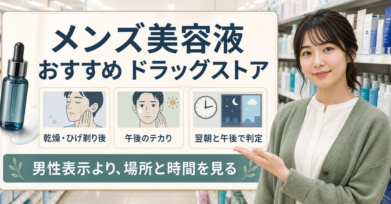 ドラッグストアの棚で悩みと時間からメンズ美容液を選ぶ比較ボード