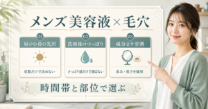 昼の小鼻の光沢や洗顔後のつっぱりなど時間帯でメンズ美容液を選ぶボード