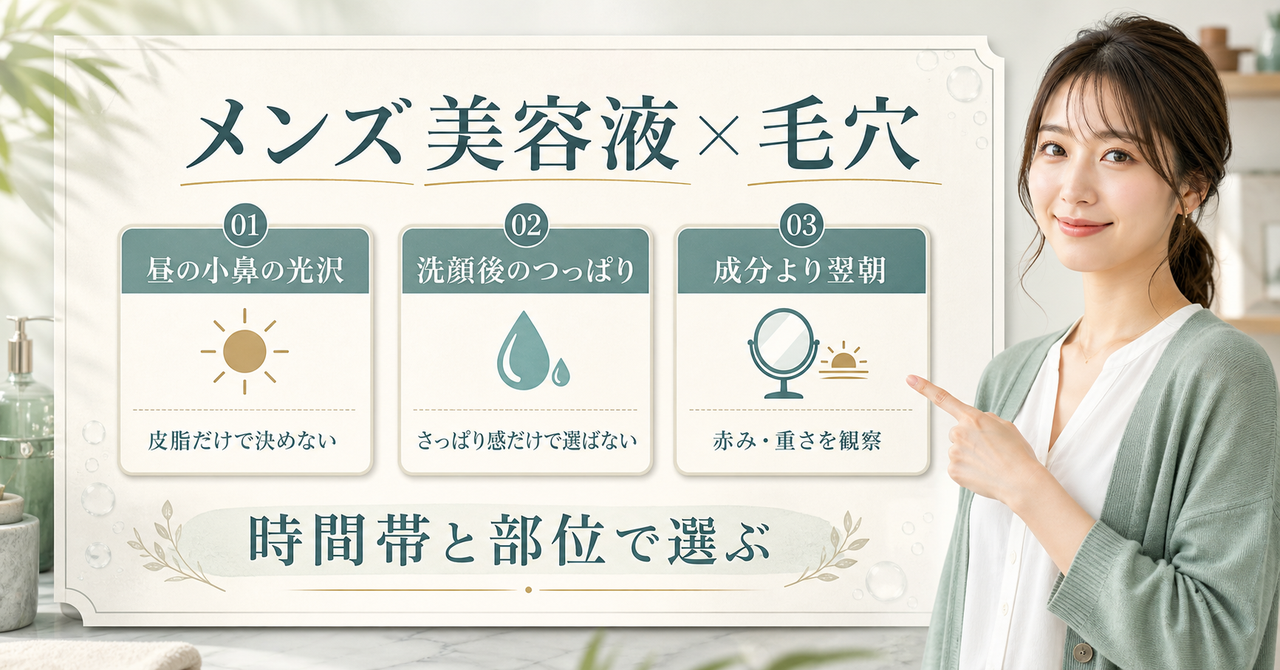 昼の小鼻の光沢や洗顔後のつっぱりなど時間帯でメンズ美容液を選ぶボード