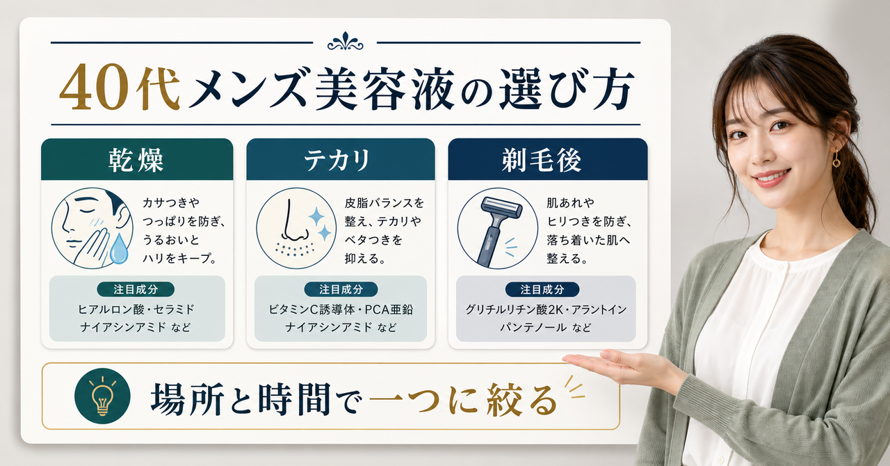 40代男性の美容液選びを頬の乾燥、小鼻のテカリ、ひげ剃り後の観察に分けて示す図解
