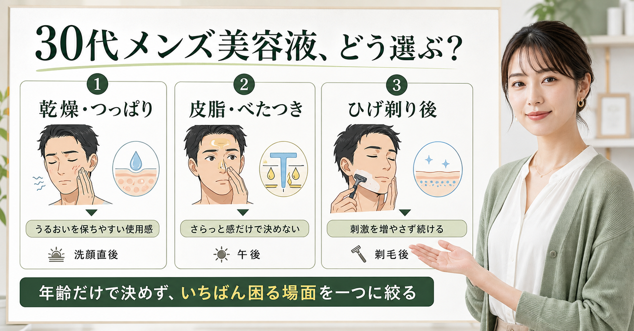 30代メンズ美容液を乾燥、皮脂、ひげ剃り後の場面で選ぶ図解
