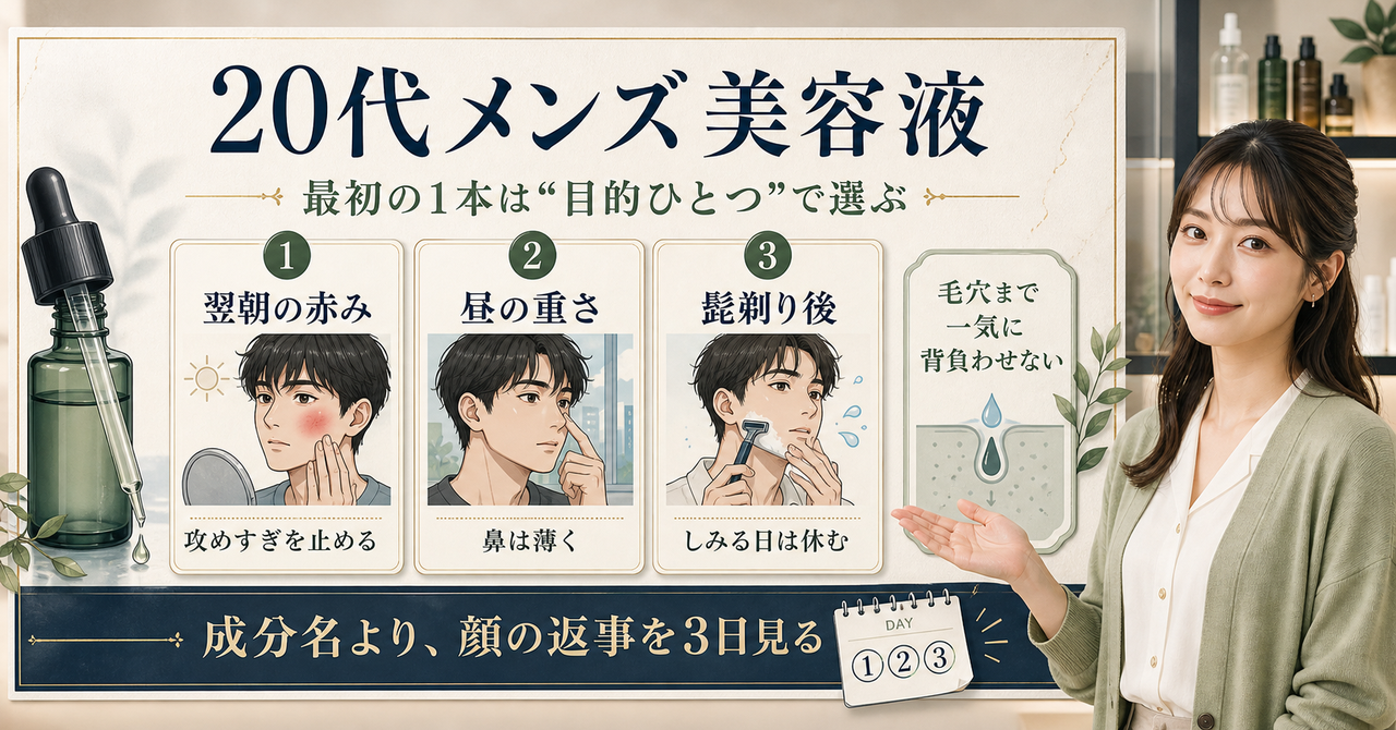 20代男性の美容液選びを洗顔後の乾燥、昼の皮脂、ひげ剃り後の赤み、ニキビ跡に分けて示す図解