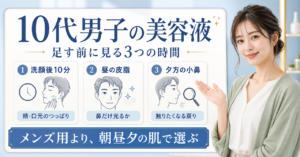 10代男性の美容液選びを洗顔後の乾燥、昼の皮脂、夕方の小鼻に分けて示す図解