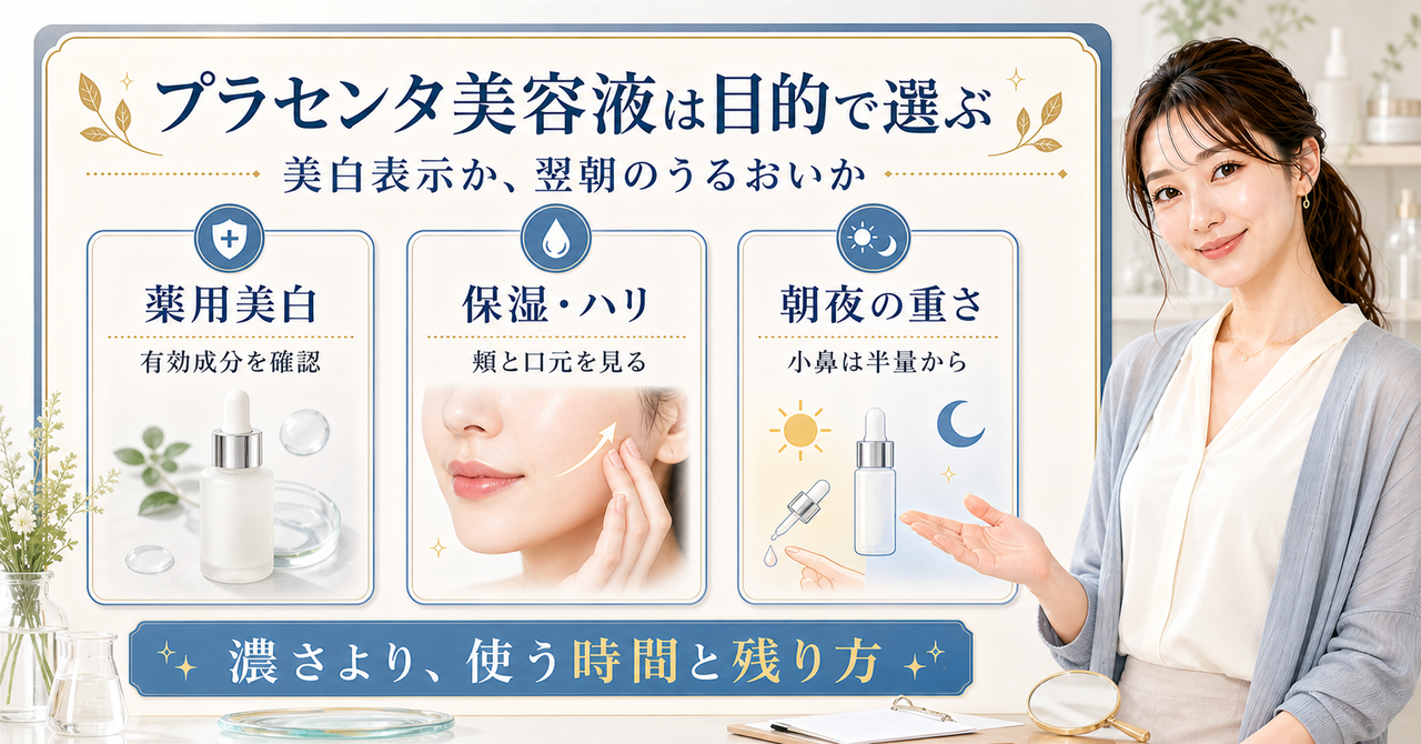 プラセンタ美容液を薬用美白、保湿、朝夜の使用感から選ぶ判断ボード
