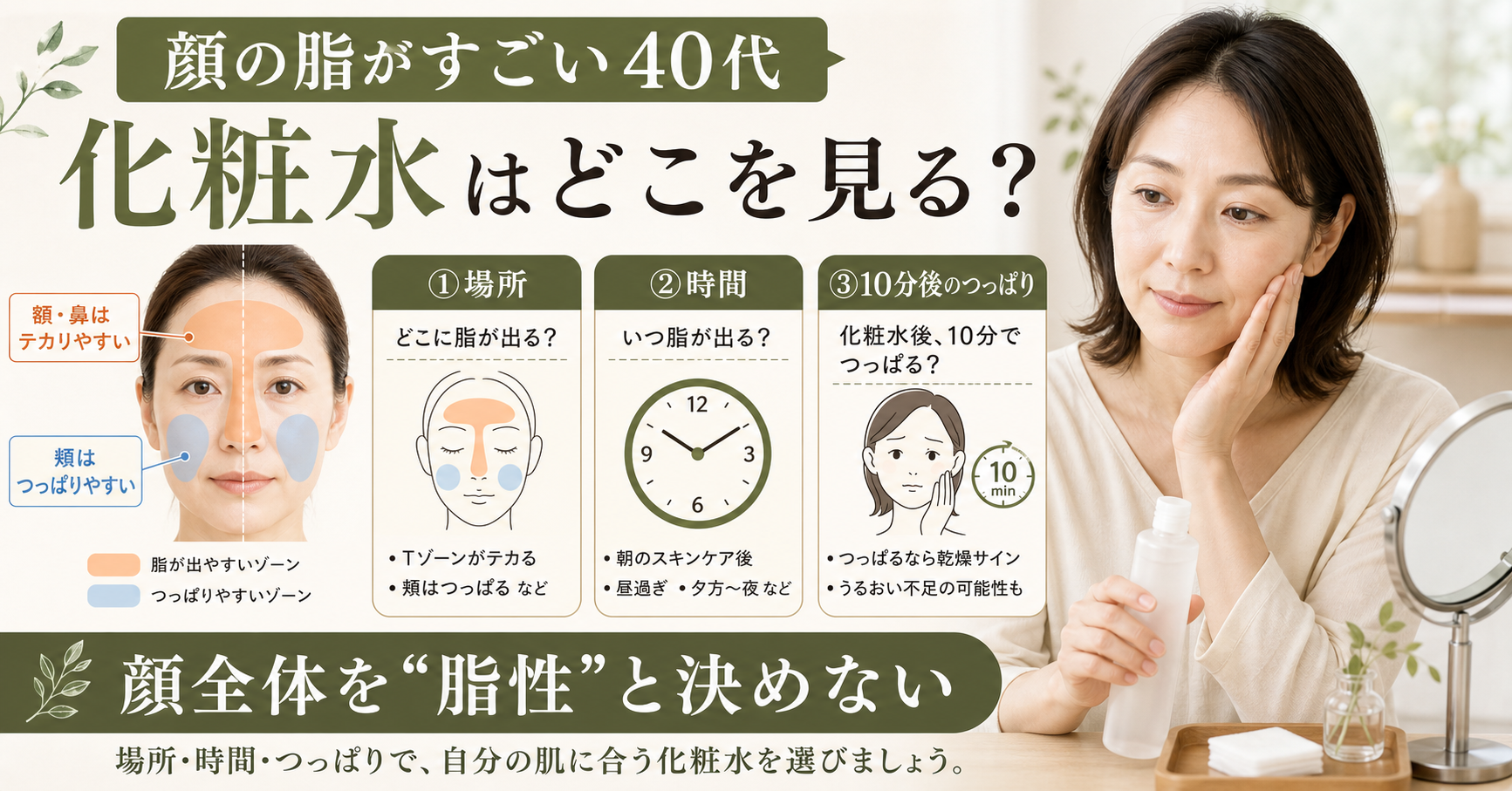 顔の脂がすごい40代が化粧水を場所、時間、10分後のつっぱりで見る判断ボード