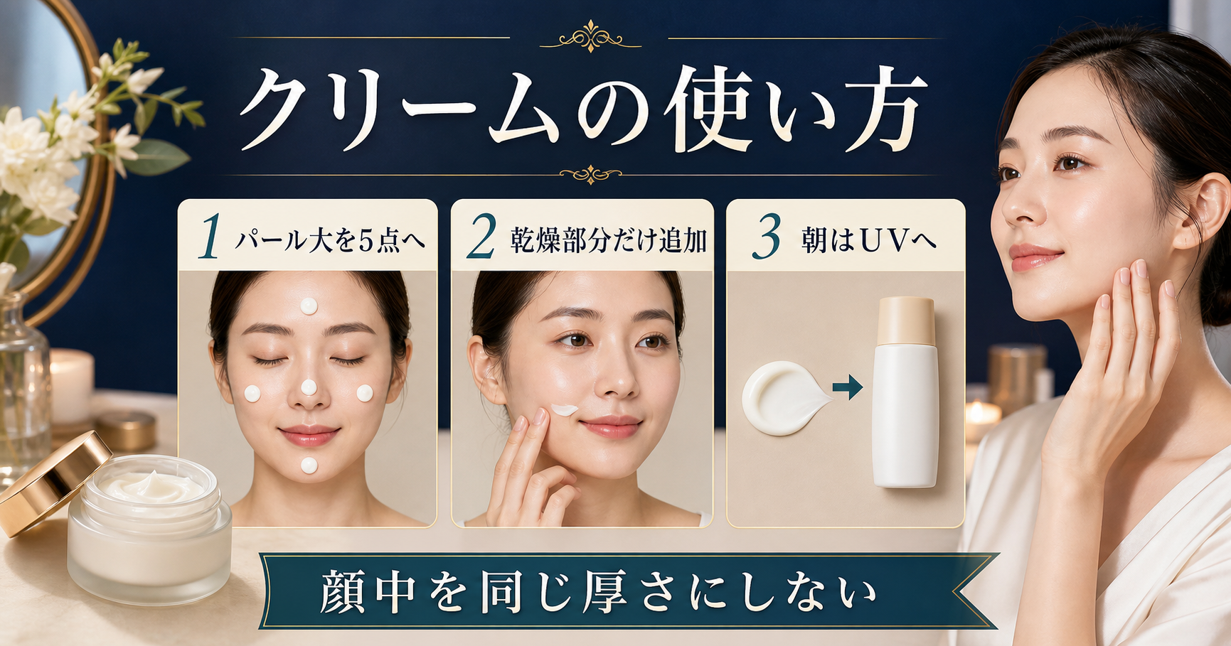 クリームのパール大を顔5点へ分け、乾燥部位追加と朝のUV工程を示す図