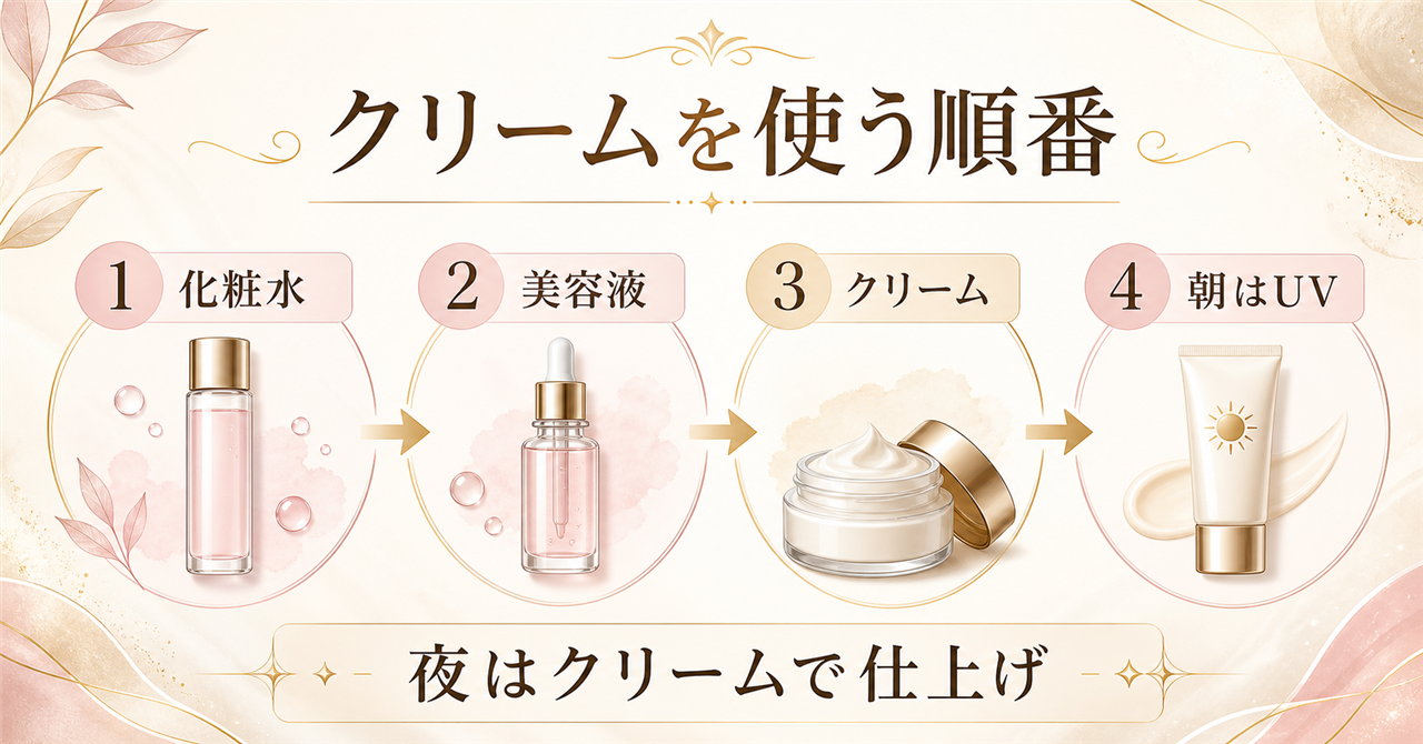 化粧水、美容液、クリーム、朝の日焼け止めの順番を示す図