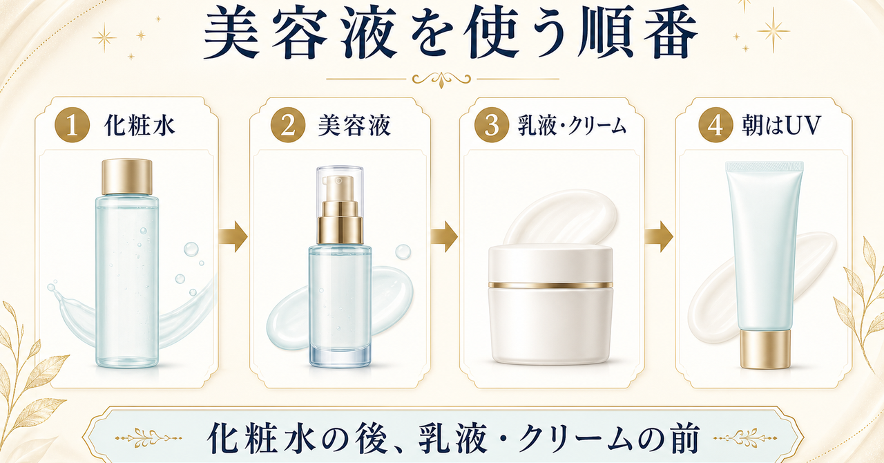 化粧水、美容液、乳液クリーム、朝の日焼け止めの4工程図