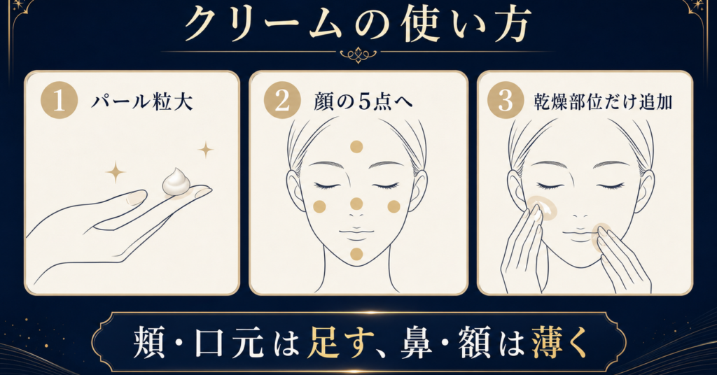 パール粒大を顔の5点へ分け、乾燥部位だけ追加する使い方