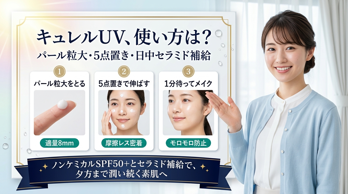 キュレル スキンリペアUVセラムの使い方は？パール粒大の適量とセラミド補給・摩擦レス塗り広げのコツ