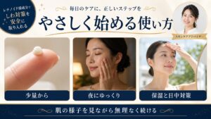 やさしく始める使い方と保湿・日中対策を示す美容ケアカード
