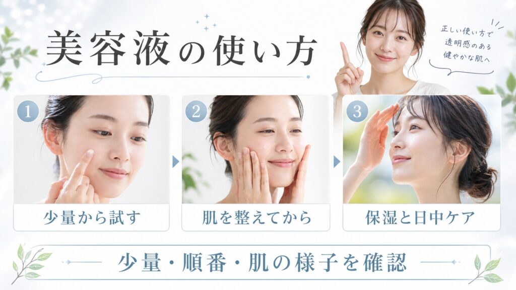 美容液の使い方と少量・順番・日中ケアを示す美容ケアカード