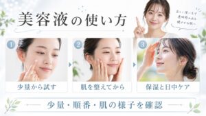 美容液の使い方と少量・順番・日中ケアを示す美容ケアカード