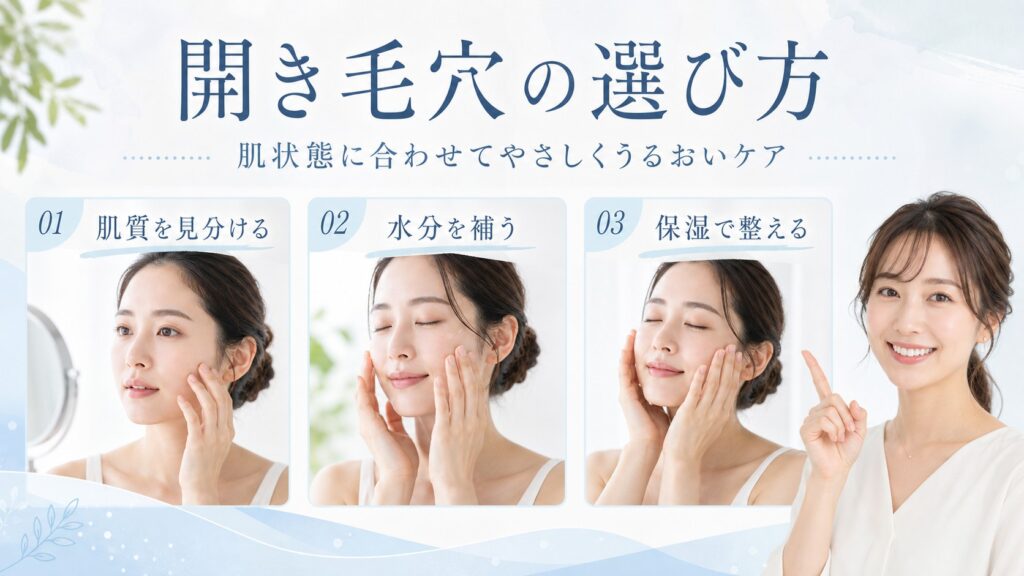 開き毛穴の選び方と肌状態に合わせたうるおいケアを示す美容ケアカード
