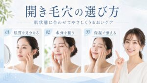 開き毛穴の選び方と肌状態に合わせたうるおいケアを示す美容ケアカード