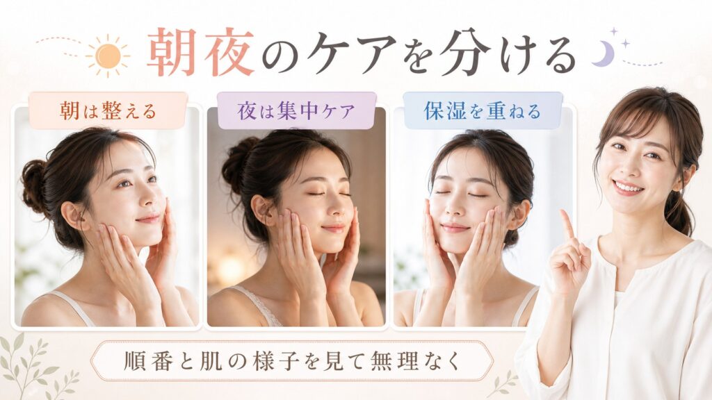 朝夜のケアを分ける順番と保湿を示す美容ケアカード