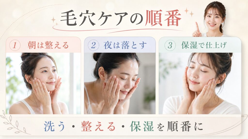 毛穴ケアの朝夜の順番と保湿を示す美容ケアカード