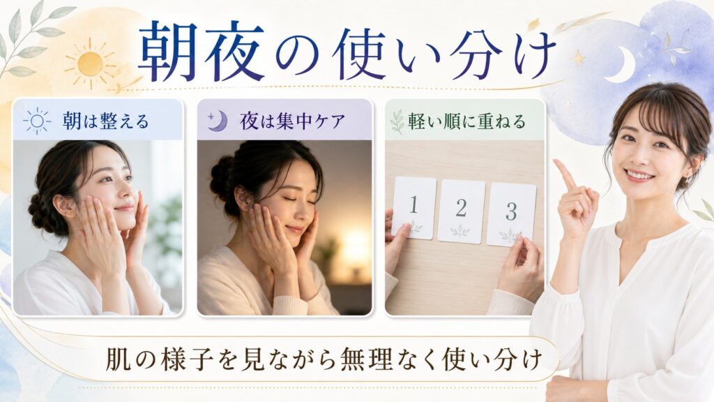 朝夜のスキンケアの使い分けと塗る順番を示す美容ケアカード