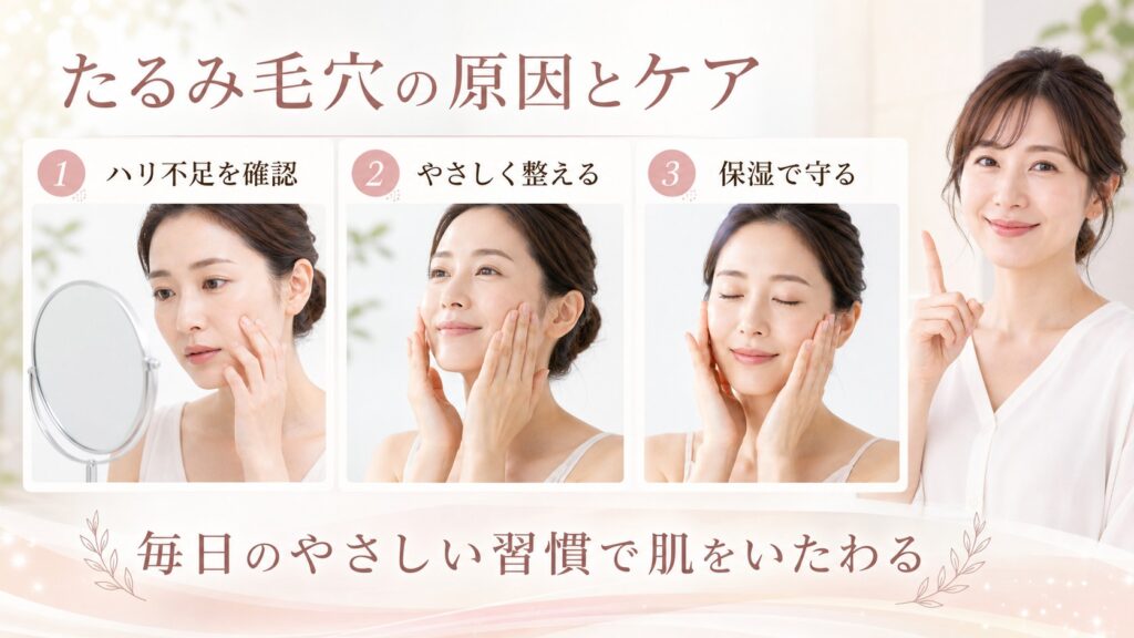 たるみ毛穴の原因とやさしいケアを示す美容ケアカード