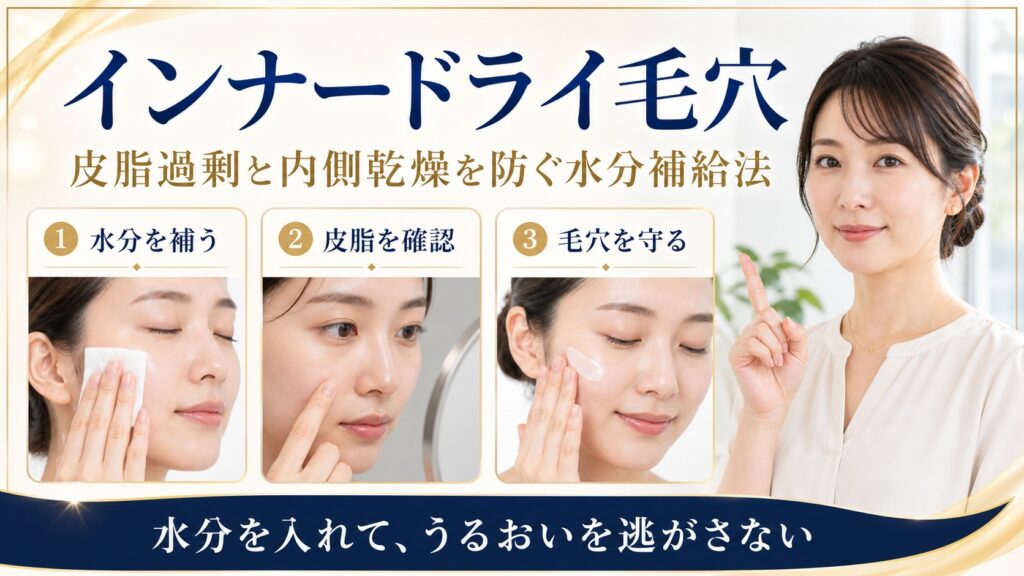 インナードライ毛穴の開き・皮脂過剰と内側乾燥を防ぐ水分補給法を示すBeauty Board