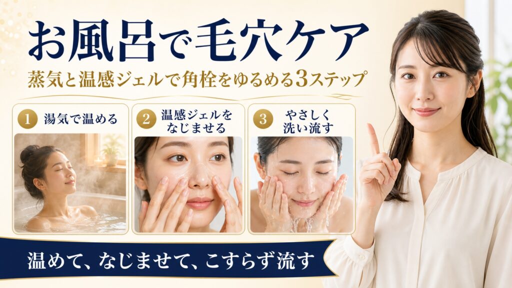 お風呂の蒸気・温感ジェルで角栓をゆるめる毛穴ケア3ステップを示すBeauty Board