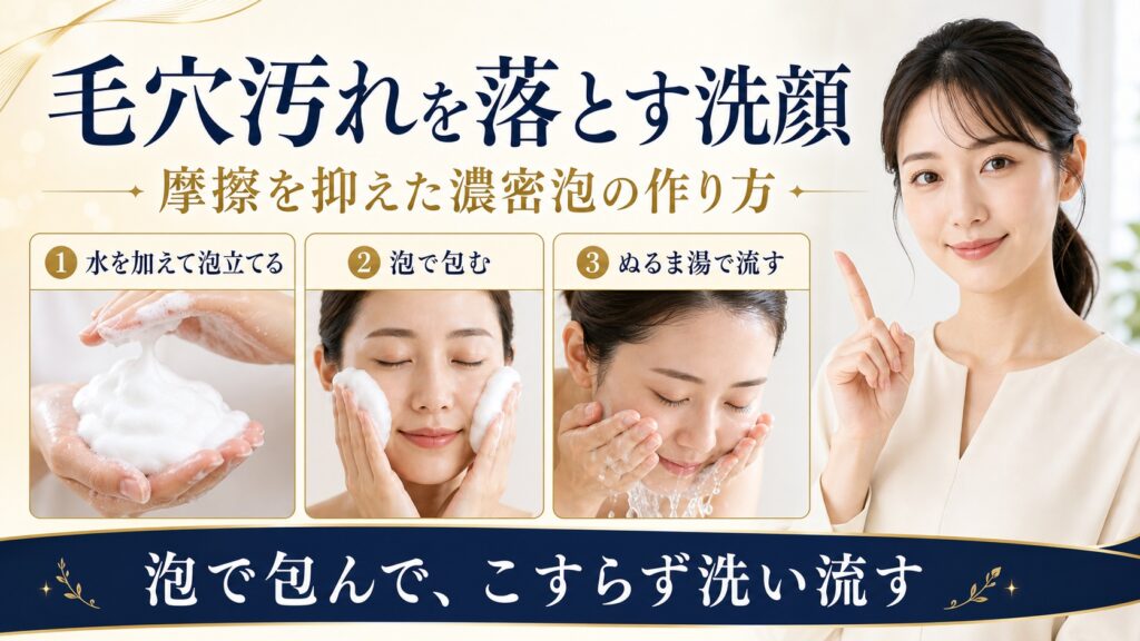 毛穴汚れ・皮脂を落とす洗顔の泡立て方と濃密泡の作り方を示すBeauty Board