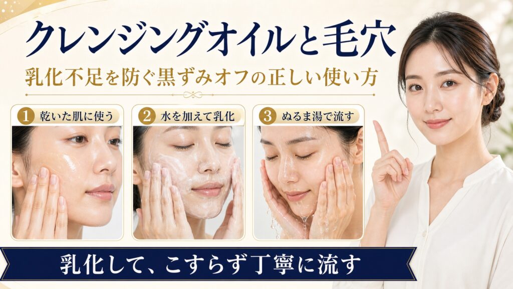 クレンジングオイルの毛穴詰まり・乳化不足・黒ずみを防ぐ使い方を示すBeauty Board