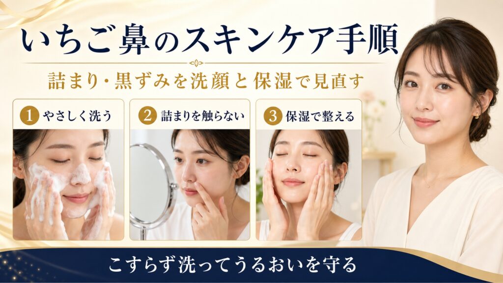 いちご鼻の洗顔と保湿手順を3ステップで示すBeauty Board