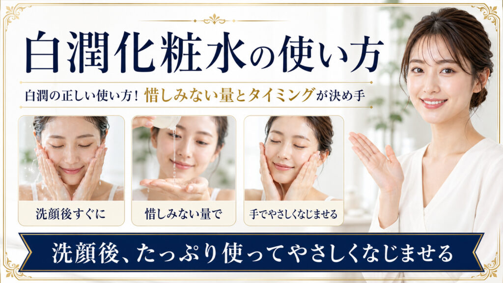 白潤化粧水を洗顔後にたっぷり使い、やさしくなじませる手順を示すBeauty Board