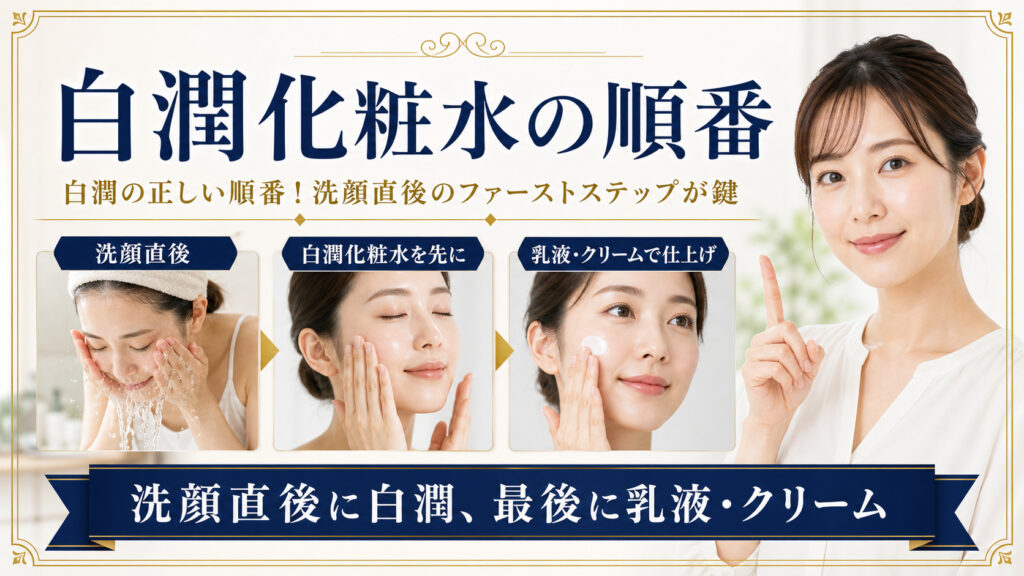白潤化粧水を洗顔直後に使い、乳液やクリームで仕上げる順番を示すBeauty Board