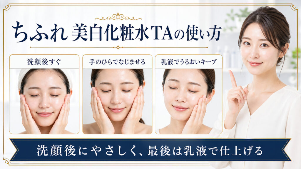 ちふれ美白化粧水TAを洗顔後に使い、乳液で仕上げる正しい手順を示すBeauty Board