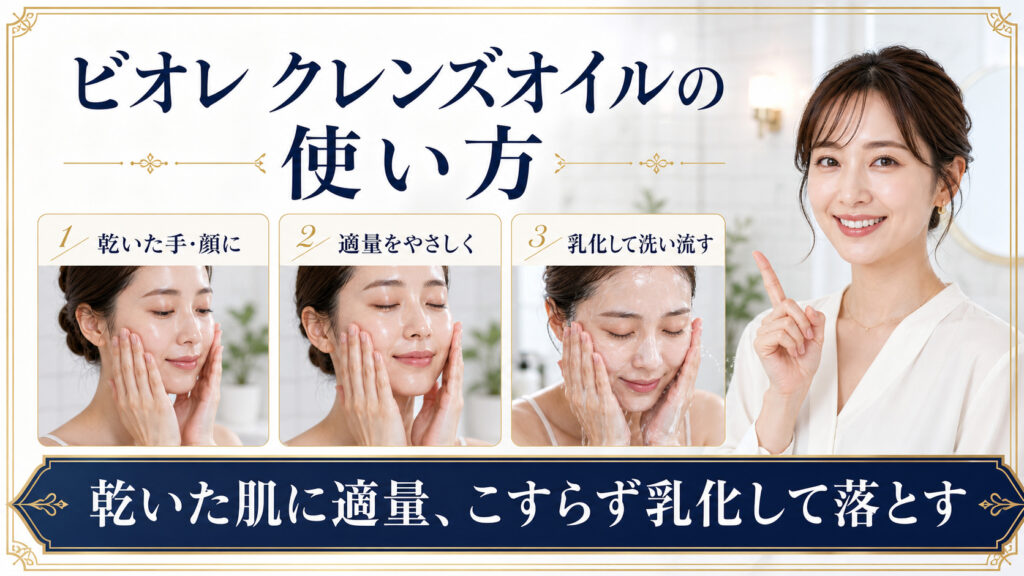 ビオレ ザ クレンズオイル モイストを乾いた肌に適量使い、乳化して落とす手順を示すBeauty Board