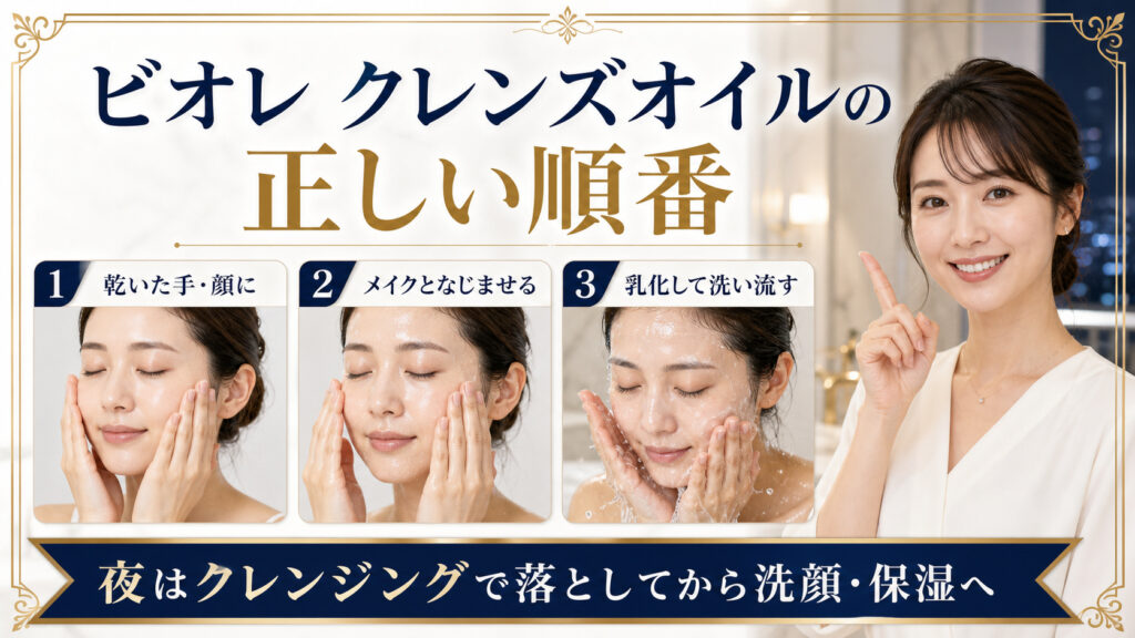 ビオレ ザ クレンズオイル モイストを乾いた肌になじませ、乳化して落とす夜の順番を示すBeauty Board