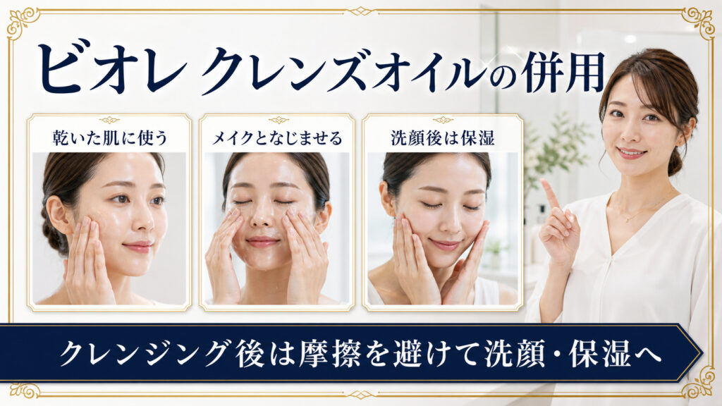 ビオレ ザ クレンズオイル モイストと他のケアを摩擦なく組み合わせ、洗顔後に保湿する方法を示すBeauty Board