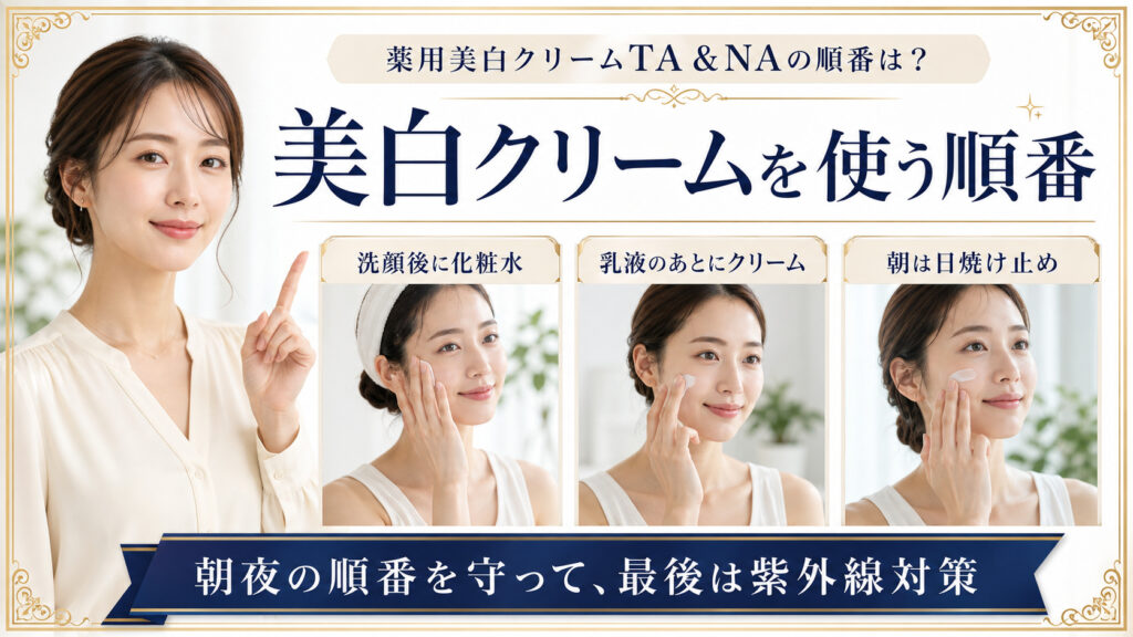 薬用美白クリームTAとNAを化粧水、乳液、クリーム、朝の日焼け止めの順で使う方法を示すBeauty Board