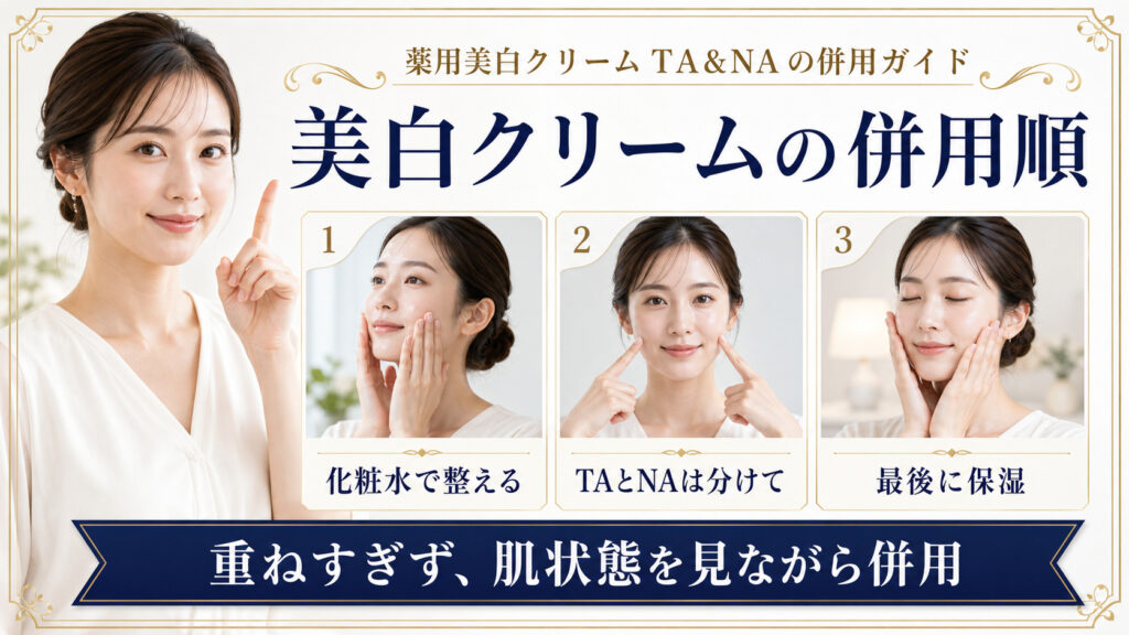 薬用美白クリームTAとNAを化粧水で整え、分けて使い最後に保湿する方法を示すBeauty Board