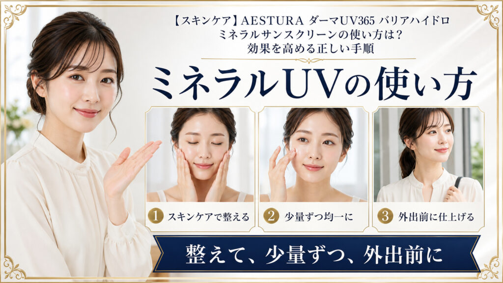 AESTURAダーマUV365バリアハイドロミネラルサンスクリーンをスキンケア後に少量ずつ均一に塗り外出前に仕上げる方法を示すBeauty Board