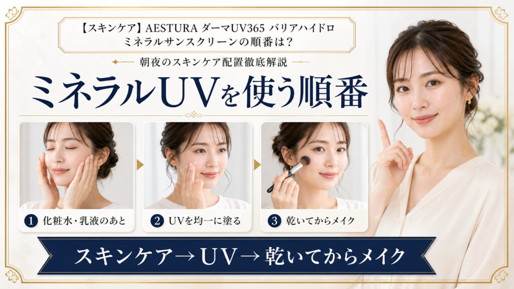 AESTURAダーマUV365バリアハイドロミネラルサンスクリーンを化粧水と乳液のあとに塗り、乾いてからメイクする順番を示すBeauty Board