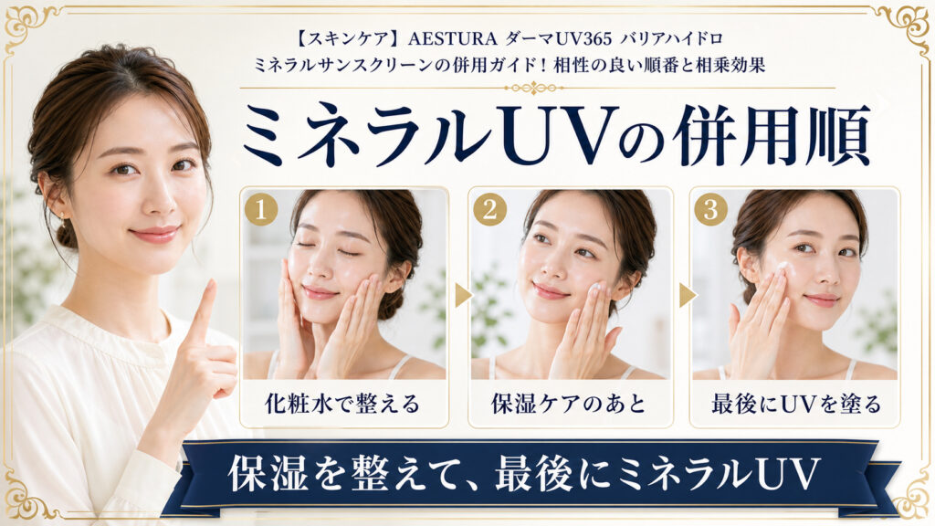 AESTURAダーマUV365バリアハイドロミネラルサンスクリーンを化粧水と保湿ケアのあと最後に使う併用順を示すBeauty Board