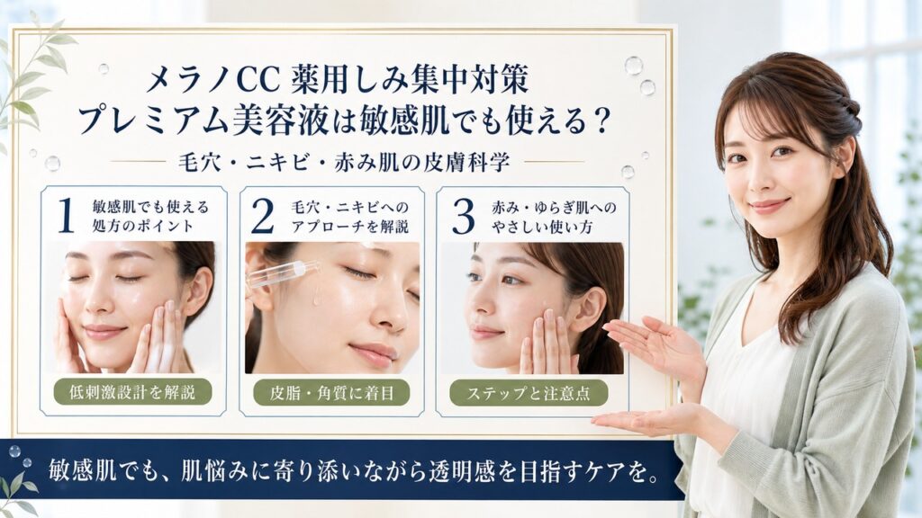 メラノCC プレミアム美容液の注意点を解説するスキンケアアイキャッチ