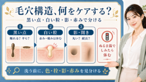 毛穴構造を黒い点・白い粒・影・赤みで見分ける美容解説ボード