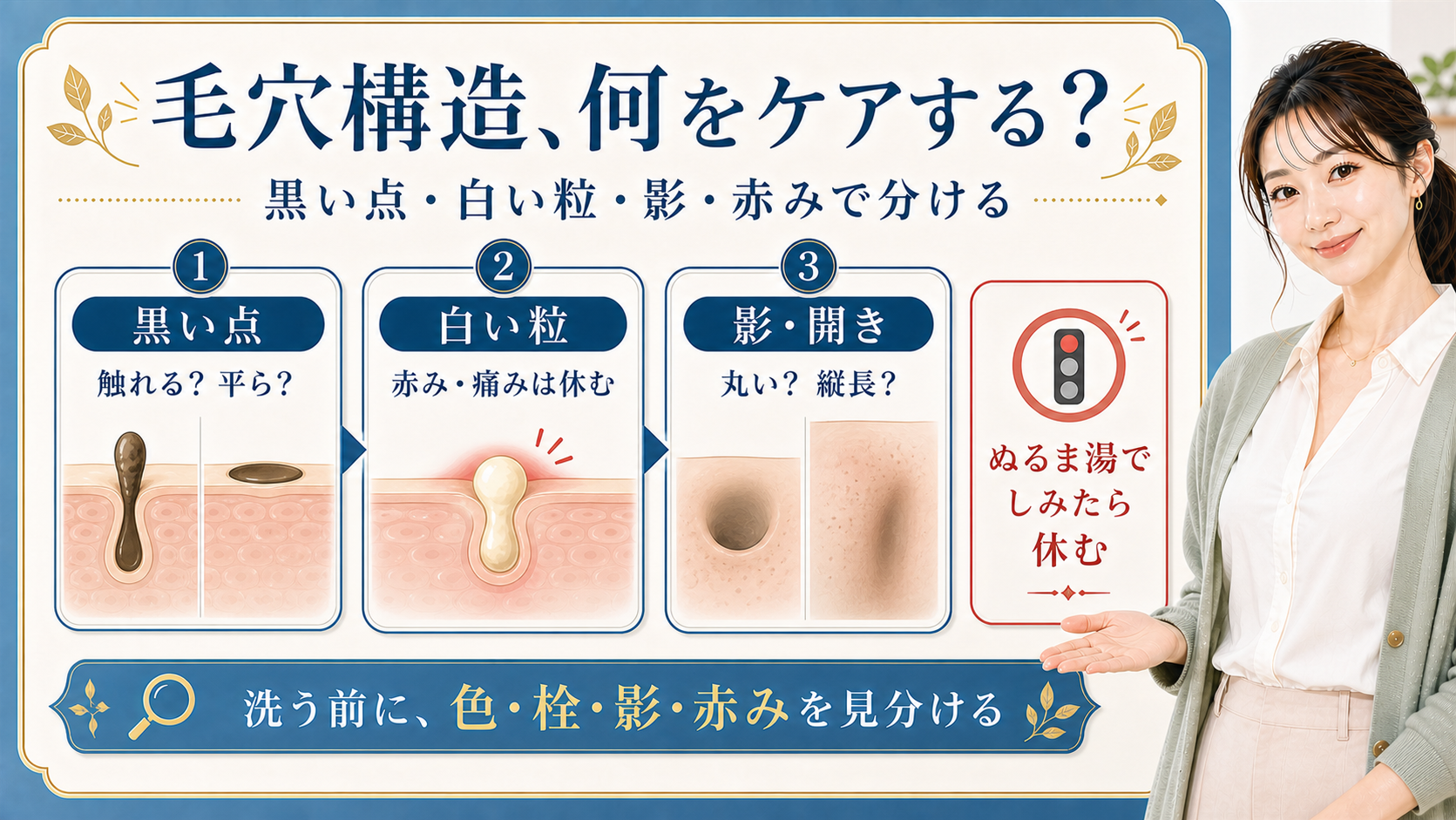 毛穴構造を黒い点・白い粒・影・赤みで見分ける美容解説ボード