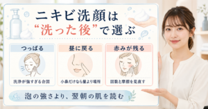 ミューズをニキビ洗顔に使う前に表示と洗顔後の肌を確認するアイキャッチ