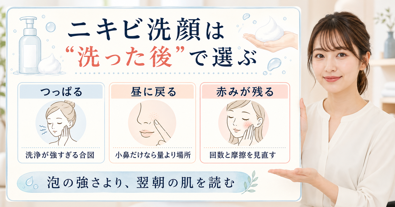 ミューズをニキビ洗顔に使う前に表示と洗顔後の肌を確認するアイキャッチ