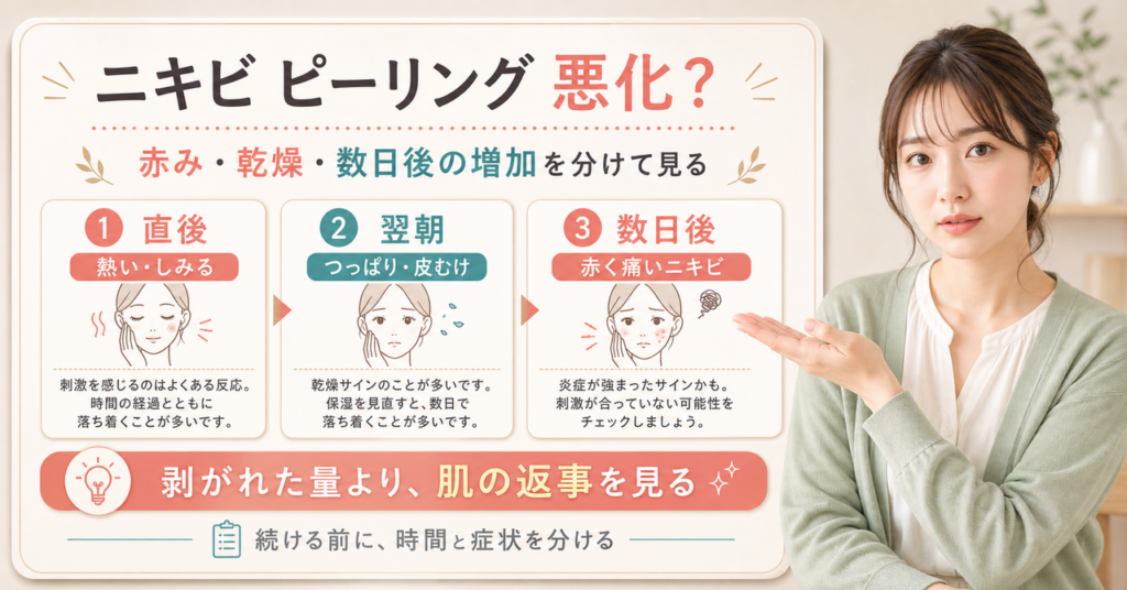ニキビピーリング後の赤み、乾燥、数日後の増加を時間で見分ける図解