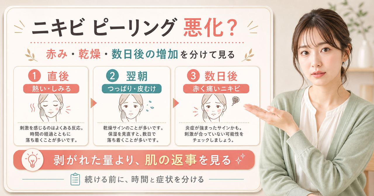 ニキビピーリング後の赤み、乾燥、数日後の増加を時間で見分ける図解
