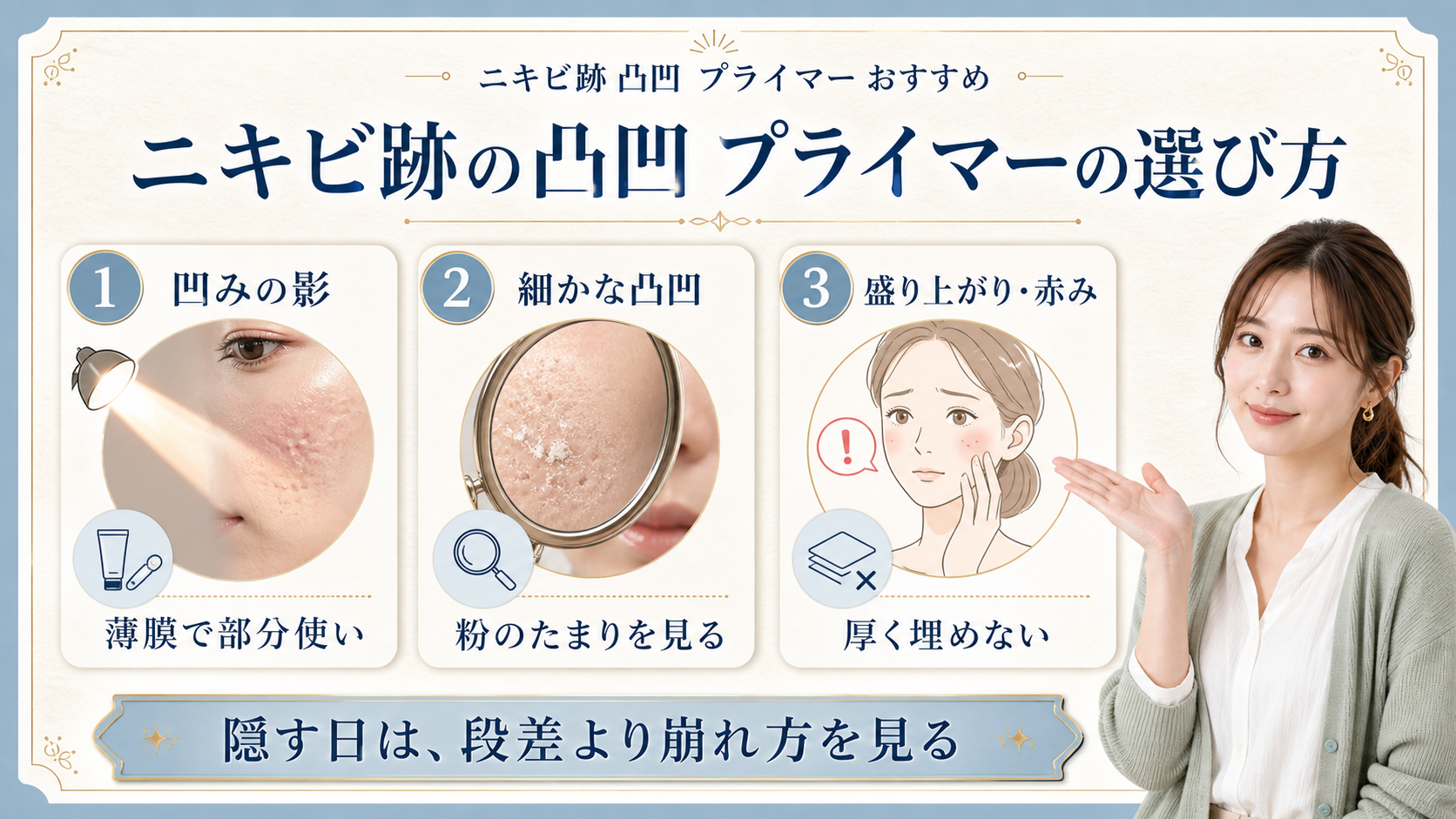 ニキビ跡の凸凹プライマーおすすめを影、粉だまり、赤みで見る美容ボード